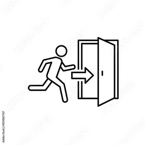 A simple line art icon depicting a figure rushing through an open doorway, symbolizing departure or exit from a space, with a clear arrow indicating the direction of movement for an emergency escape