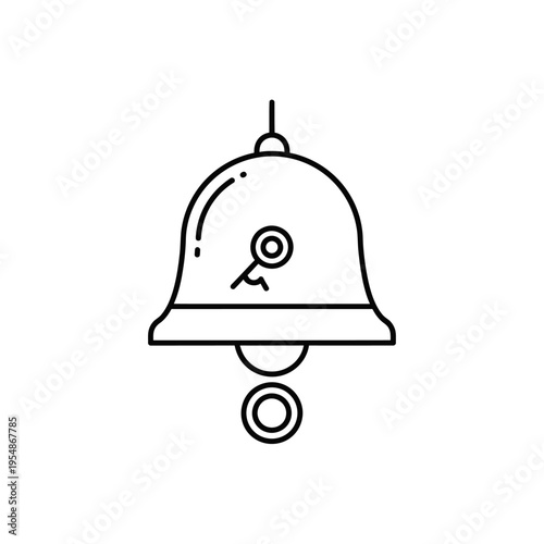 A minimalist black and white illustration of a classic bell with a small circle at the top and another at the bottom, representing vintage communication or a warning signal