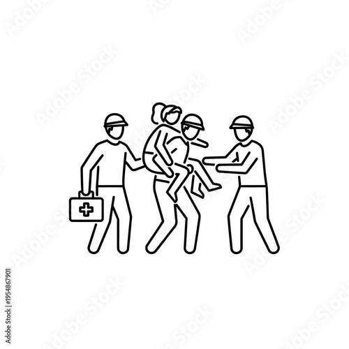 Dedicated emergency response team members assisting in a critical situation, with a rescuer carrying a child and another prepared with a medical first aid kit