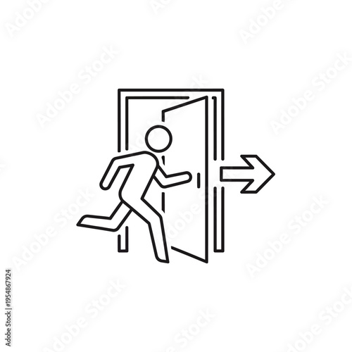Running person exiting an open doorway with an arrow indicating the direction of escape, representing emergency exit or leaving a situation