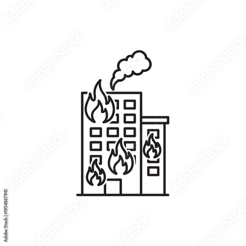 A stylized line art illustration of a multi-story building engulfed in flames, with smoke billowing from the top, symbolizing a fire emergency