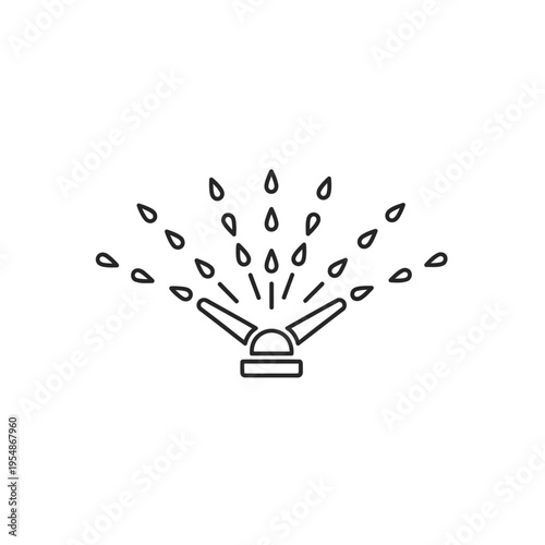 Linear vector icon of an automatic garden sprinkler system actively spraying water, representing efficient lawn care, automated irrigation, and outdoor watering equipment