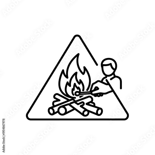 Illustrative warning sign depicting a person carefully igniting a campfire with matches, highlighting outdoor fire safety and potential environmental risks