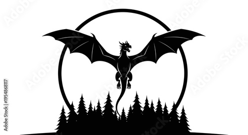 Black dragon flying over trees.