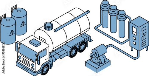 Industrial tanker truck and fuel processing system vector illustration with storage tanks pipelines filtration equipment engineering technology isolated set