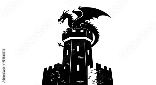 Black dragon on castle tower.
