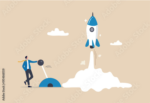 Start your own business, launch success rocket or entrepreneur, startup project or boost company growth, invention concept, ambitious businessman entrepreneur push switch to launch rocket.