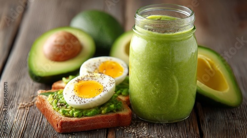 Healthy Breakfast with Avocado Toast, Soft Boiled Eggs, and Green Smoothie on Rustic Wooden Table for Nutritious Meal Inspiration