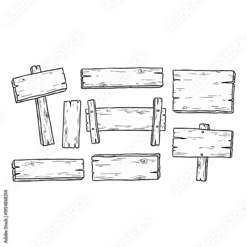 A set of wooden signs and boards in a rustic illustration style for design use