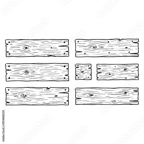 A set of eight wooden planks with natural texture and grain, featuring knots and nail holes, illustrated in a detailed vector graphic design.
