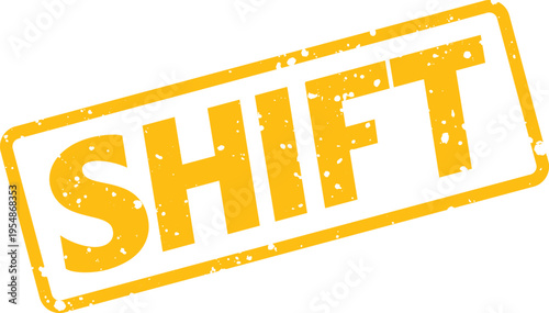 A vibrant yellow rubber stamp with grunge texture clearly displays the word SHIFT on a clean white surface