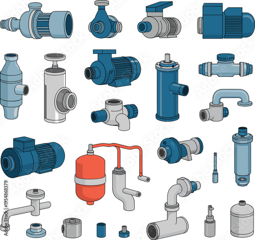 Industrial plumbing components vector collection featuring pumps valves pipes fittings water system engineering equipment detailed mechanical illustration isolated background