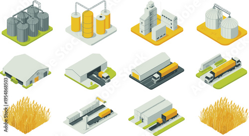 Isometric vector illustration of agricultural industry, grain storage silos, factory processing plants, logistics trucks and warehouse distribution system concept