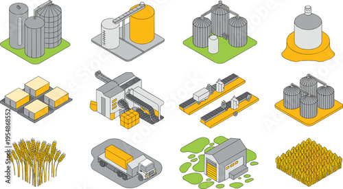 Isometric vector illustration of agricultural processing systems, grain silos, crop storage facilities, logistics transport and farming industry production workflow concept