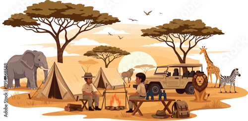 African safari camping scene with tourists campfire jeep tent elephant lion giraffe zebra savanna wildlife adventure vector illustration