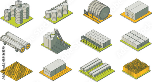Isometric vector illustration of grain storage systems, agricultural silos, warehouse facilities, crop processing plants and logistics infrastructure for farming industry