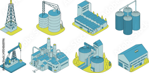 Isometric vector illustration of oil refinery infrastructure, industrial factory buildings, storage tanks, drilling rigs and energy production facilities, modern petrochemical industry concept design