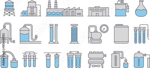 Line vector illustration of industrial and chemical equipment icons, factory plants, laboratory glassware, storage tanks and processing systems, modern engineering and manufacturing concept set
