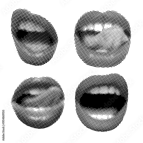 Lips and mouth in scream with monochrome photocopy effect, grunge punk y2k collage design, stipple halftone brutalist retro elements, vector illustration