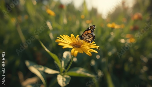 A beautiful butterfly perched on a bright yellow flower in a sunny green meadow