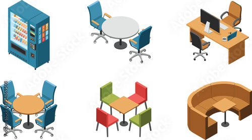 Office furniture and cafeteria seating vector illustration with vending machine tables chairs workplace interior design modern arrangement collection