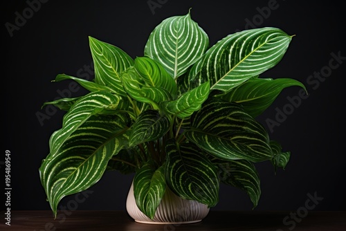 Vibrant striped green houseplant contrasting with a dark background