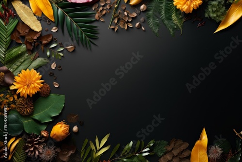 Autumn leaves and flowers creating a natural decorative frame with copy space