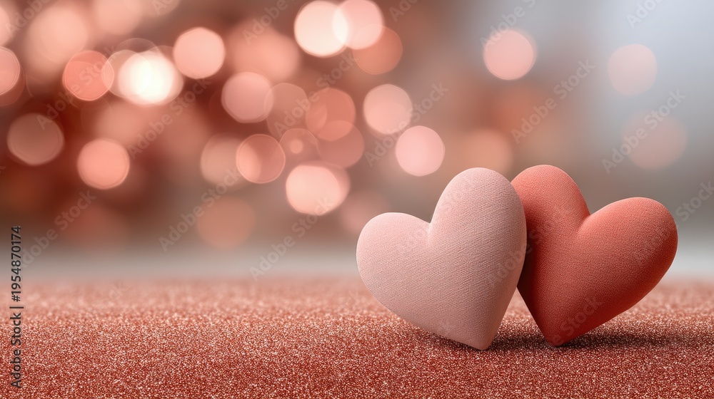 Obraz premium Two red hearts sit on a pink glittery background with a soft bokeh effect, perfect for Valentine's day decorations and cards