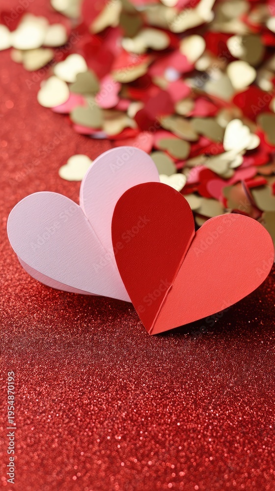 Obraz premium Two red hearts sit on a pink glittery background with a soft bokeh effect, perfect for Valentine's day decorations and cards
