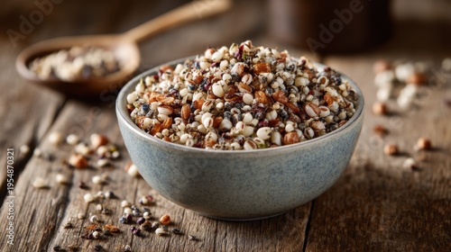 A Close-Up View of a Rustic Bowl Filled with a Healthy Mix of Grains and Seeds on a Wooden Surface with Natural Earthy Tones and Textures