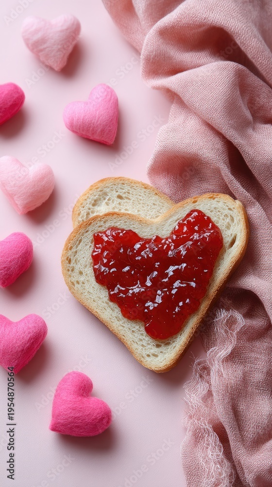 Fototapeta premium Toast with jam is arranged in a heart shape on a simple pink background with a sunny light creating a warm atmosphere