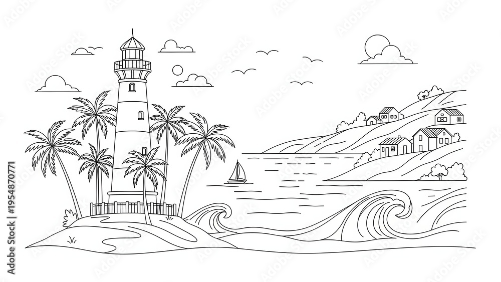 Naklejka premium Hand Drawn Line Art Landscape of a Lighthouse on a Tropical Island with Coastal Village