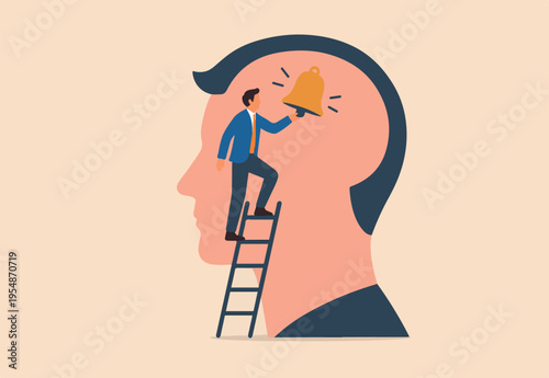 Self awareness, psychological state in individuality of behavior or feeling, self acceptance or personality concept, a man ringing the bell in his self brain head metaphor of awareness of his exist.