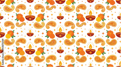 Vibrant pattern of Diwali lamps and decorations in shades of orange and yellow on a white background with a festive mood.