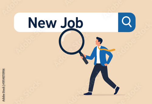 Search or discover new information, find new job or career available, research and analyze information, SEO website optimization, searching concept, businessman search new job on virtual search box.