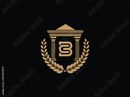 Elegant Emblem with Greek Columns, Laurel Wreath, and Letter B on Black Background