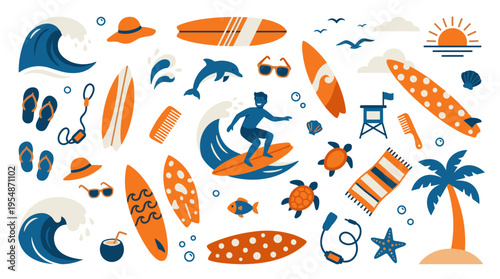 Summer Surfing Icons Set with Surfboards Waves and Beach Elements