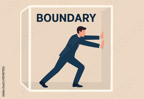  Pushing limits challenge yourself to overcome boundary, effort and strength to push over limit, attitude to success, get out of comfort zone for freedom, businessman pushing to break boundary box.