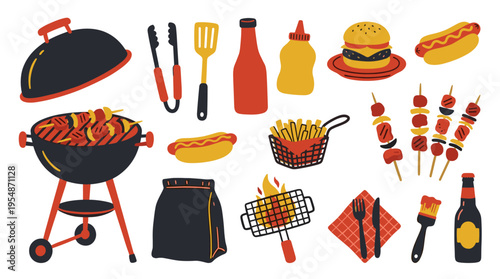 Barbecue party elements set with grill food and cooking tools