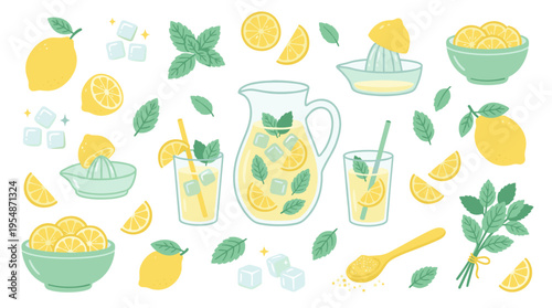 Hand drawn lemonade set with lemons mint leaves ice cubes and juice pitcher