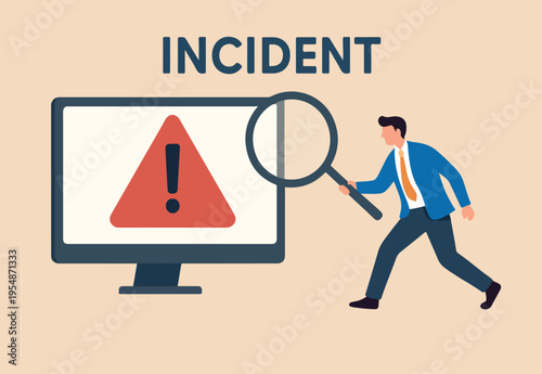  Incident management, root cause analysis or solving problem, identify risk or critical failure concept, businessman with magnifier monitor and investigate incident with exclamation attention sign.