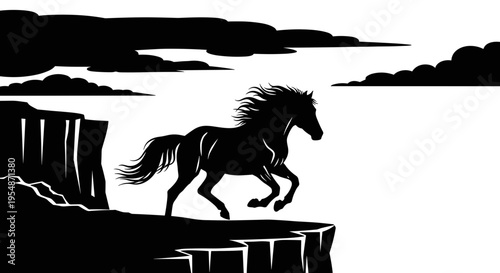 Black Horse Running on Cliff.