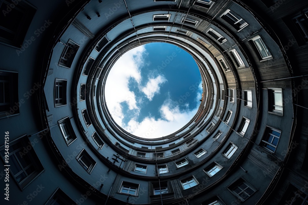 Fototapeta premium Urban residential building facade forming a dramatic circle leading to a sky view