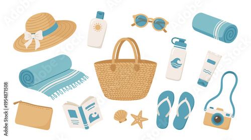 Summer beach vacation accessories set with straw hat bag and essentials