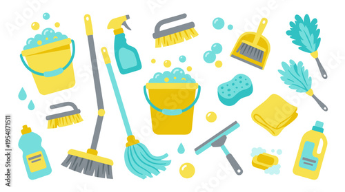 Cleaning supplies set with buckets mops and detergents for household chores