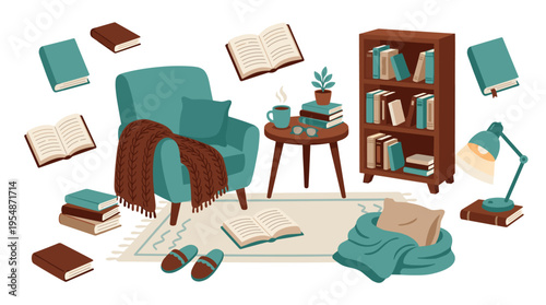 Cozy Reading Corner with Armchair Bookshelf and Warm Blanket Illustration