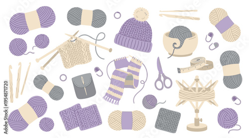 Knitting and Crochet Craft Supplies Set with Yarn Balls and Tools