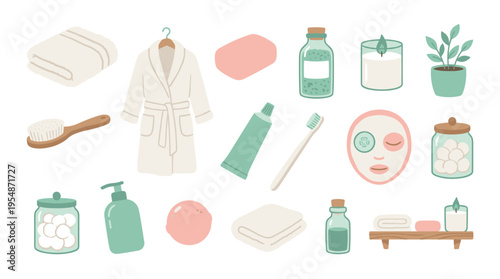 Set of spa and bathroom accessories for personal care and relaxation