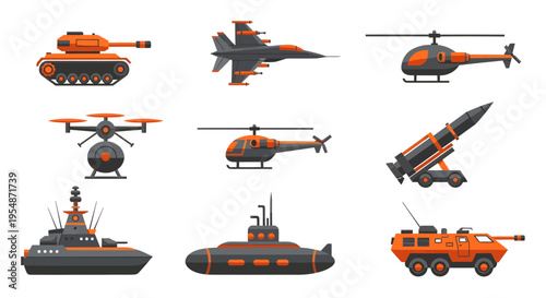 Military Vehicle Icon Set with Tank Jet Fighter Helicopter Drone Missile Launcher Warship Submarine and Armored Car in Flat Design Style
