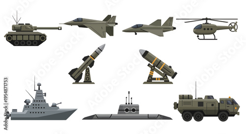 Military Vehicles and Weaponry Set: Flat Vector Illustrations of Tank, Fighter Jet, Missile Launcher, Warship, Submarine, and Tactical Truck